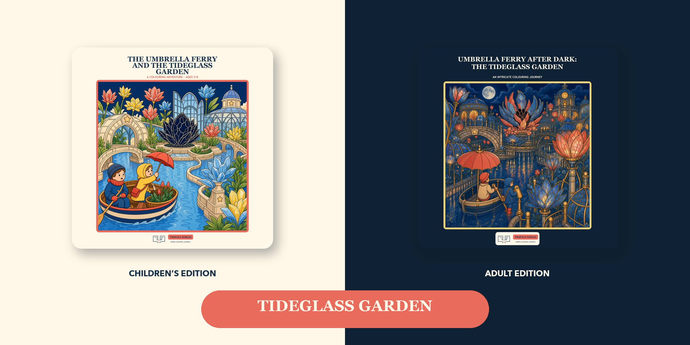 The Tideglass Garden children’s cover beside the more intricate After Dark cover.