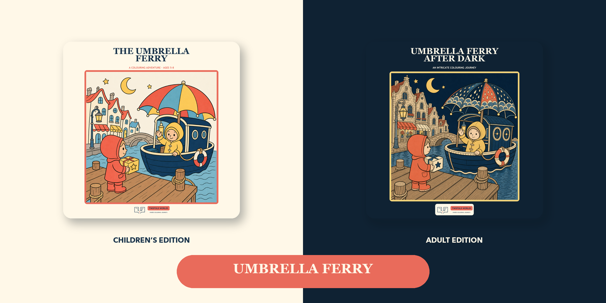 The Umbrella Ferry children’s cover beside the more intricate Umbrella Ferry After Dark cover.